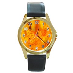 Bright Yellow Autumn Leaves Round Gold Metal Watch by Amaryn4rt