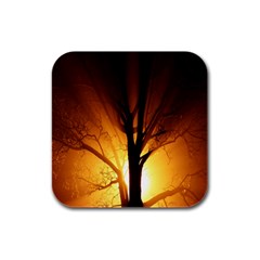 Rays Of Light Tree In Fog At Night Rubber Square Coaster (4 pack) 