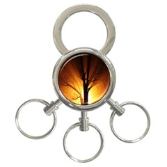 Rays Of Light Tree In Fog At Night 3-Ring Key Chains