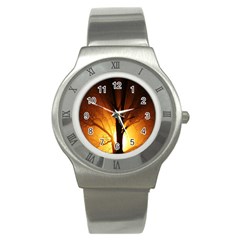 Rays Of Light Tree In Fog At Night Stainless Steel Watch