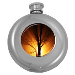 Rays Of Light Tree In Fog At Night Round Hip Flask (5 oz)