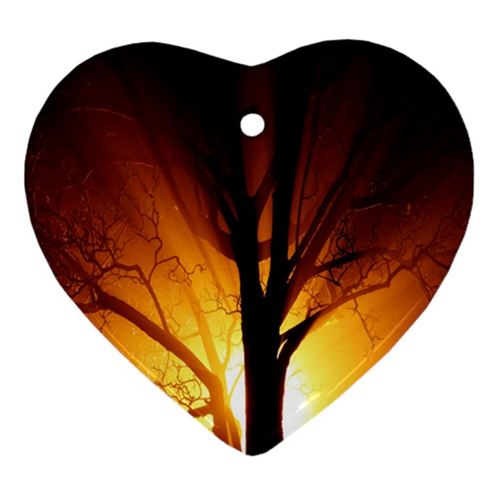 Rays Of Light Tree In Fog At Night Heart Ornament (Two Sides)