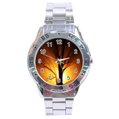 Rays Of Light Tree In Fog At Night Stainless Steel Analogue Watch