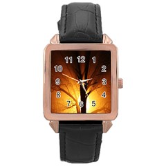 Rays Of Light Tree In Fog At Night Rose Gold Leather Watch 