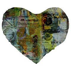 Old Newspaper And Gold Acryl Painting Collage Large 19  Premium Heart Shape Cushions by EDDArt