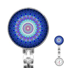 Power Flower Mandala   Blue Cyan Violet Stainless Steel Nurses Watch by EDDArt