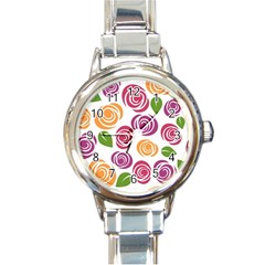 Colorful Seamless Floral Flowers Pattern Wallpaper Background Round Italian Charm Watch by Amaryn4rt