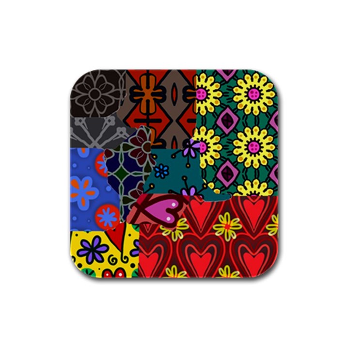 Digitally Created Abstract Patchwork Collage Pattern Rubber Square Coaster (4 pack) 