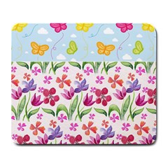 Watercolor Flowers And Butterflies Pattern Large Mousepads by TastefulDesigns