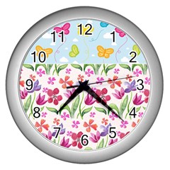 Watercolor Flowers And Butterflies Pattern Wall Clocks (silver)  by TastefulDesigns