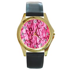 An Unusual Background Photo Of Black Swirls On Pink And Magenta Round Gold Metal Watch by Amaryn4rt