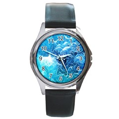 Fractal Occean Waves Artistic Background Round Metal Watch