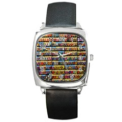 Flower Seeds For Sale At Garden Center Pattern Square Metal Watch by Amaryn4rt