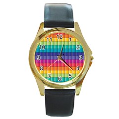Pattern Grid Squares Texture Round Gold Metal Watch by Amaryn4rt