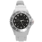 Dark Ditsy Floral Pattern Round Plastic Sport Watch (L) Front