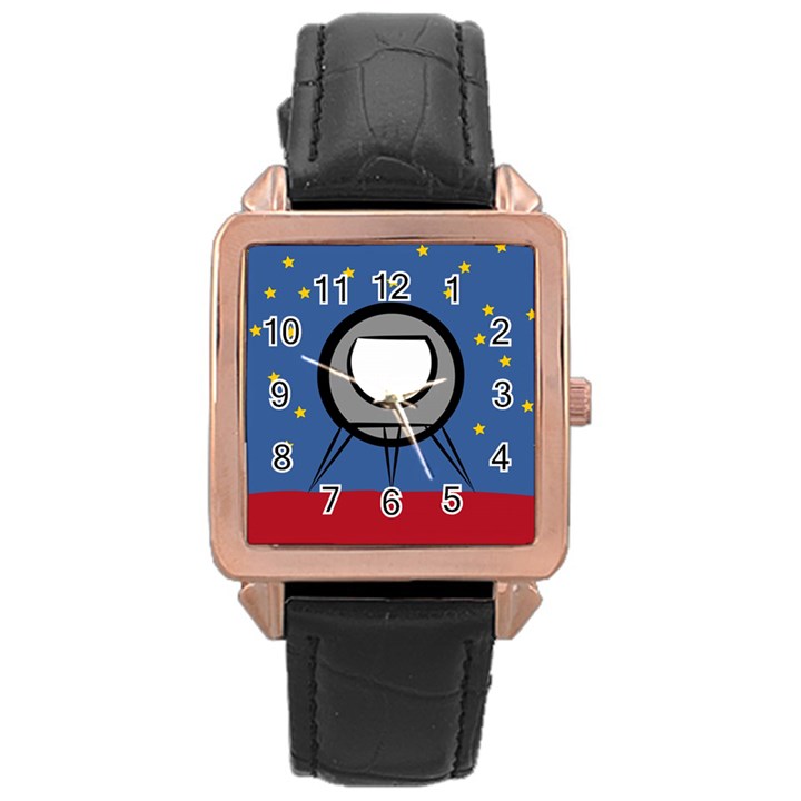 A Rocket Ship Sits On A Red Planet With Gold Stars In The Background Rose Gold Leather Watch 