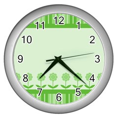 Floral Stripes Card In Green Wall Clocks (silver) 