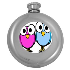 Bird Big Eyes Pink Blue Round Hip Flask (5 oz)