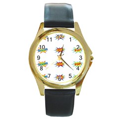 Boom Pow Pop Sign Round Gold Metal Watch by Alisyart