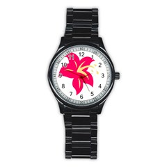 Flower Floral Lily Blossom Red Yellow Stainless Steel Round Watch by Alisyart