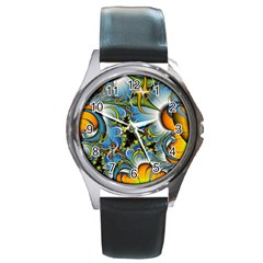 Fractal Background With Abstract Streak Shape Round Metal Watch by Simbadda
