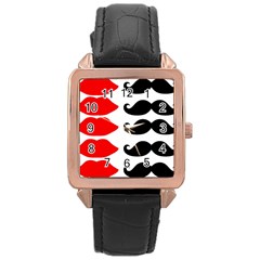 Mustache Black Red Lips Rose Gold Leather Watch 