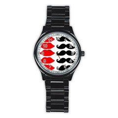 Mustache Black Red Lips Stainless Steel Round Watch