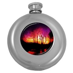 Fall Forest Background Round Hip Flask (5 Oz)