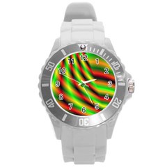 Neon Color Fractal Lines Round Plastic Sport Watch (l) by Simbadda