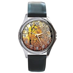 Summer Sun Set Fractal Forest Background Round Metal Watch