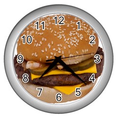 Cheeseburger On Sesame Seed Bun Wall Clocks (Silver) 