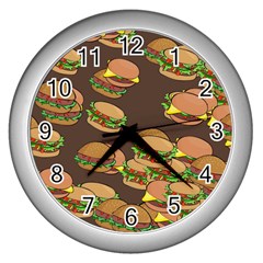 A Fun Cartoon Cheese Burger Tiling Pattern Wall Clocks (silver)  by Simbadda
