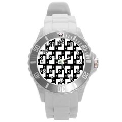 Abstract Pattern Background  Wallpaper In Black And White Shapes, Lines And Swirls Round Plastic Sport Watch (l) by Simbadda