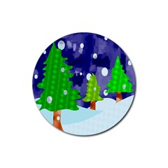 Christmas Trees And Snowy Landscape Rubber Coaster (Round) 