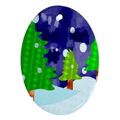 Christmas Trees And Snowy Landscape Oval Ornament (Two Sides)