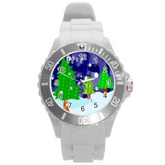 Christmas Trees And Snowy Landscape Round Plastic Sport Watch (L)