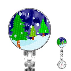 Christmas Trees And Snowy Landscape Stainless Steel Nurses Watch