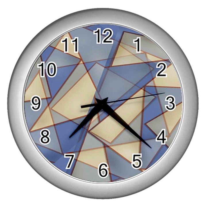 Blue And Tan Triangles Intertwine Together To Create An Abstract Background Wall Clocks (Silver) 