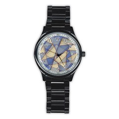 Blue And Tan Triangles Intertwine Together To Create An Abstract Background Stainless Steel Round Watch by Simbadda