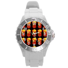 Paper Lanterns Pattern Background In Fiery Orange With A Black Background Round Plastic Sport Watch (l)