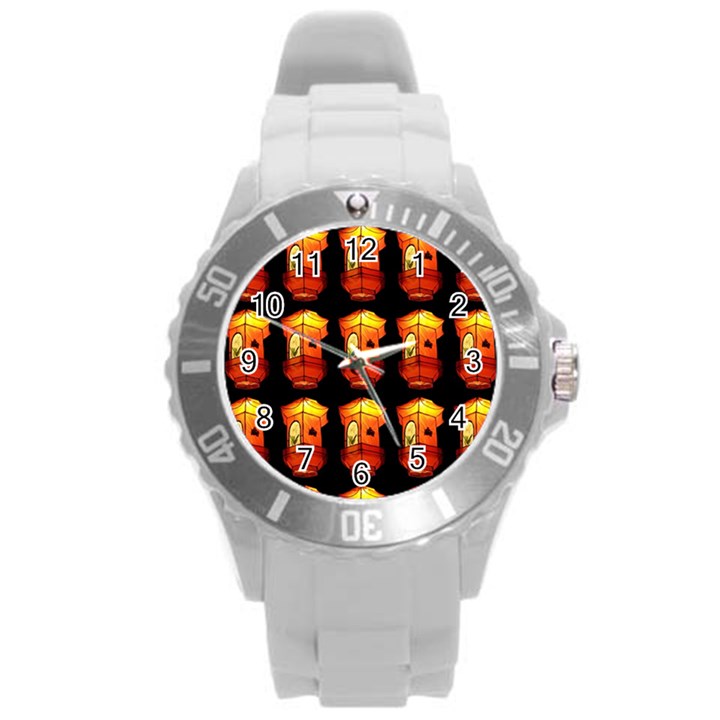 Paper Lanterns Pattern Background In Fiery Orange With A Black Background Round Plastic Sport Watch (L)