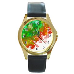 Digitally Painted Messy Paint Background Texture Round Gold Metal Watch