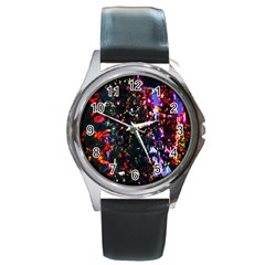 Lit Christmas Trees Prelit Creating A Colorful Pattern Round Metal Watch by Simbadda