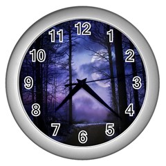 Moonlit A Forest At Night With A Full Moon Wall Clocks (silver) 