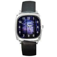 Moonlit A Forest At Night With A Full Moon Square Metal Watch by Simbadda