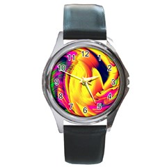 Stormy Yellow Wave Abstract Paintwork Round Metal Watch by Simbadda