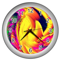 Stormy Yellow Wave Abstract Paintwork Wall Clocks (silver) 