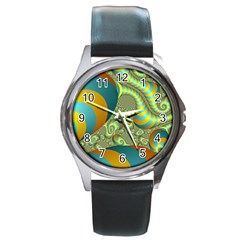 Gold Blue Fractal Worms Background Round Metal Watch by Simbadda