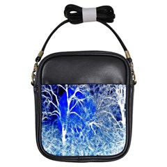 Winter Blue Moon Fractal Forest Background Girls Sling Bags by Simbadda