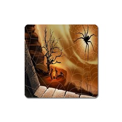 Digital Art Nature Spider Witch Spiderwebs Bricks Window Trees Fire Boiler Cliff Rock Square Magnet by Simbadda